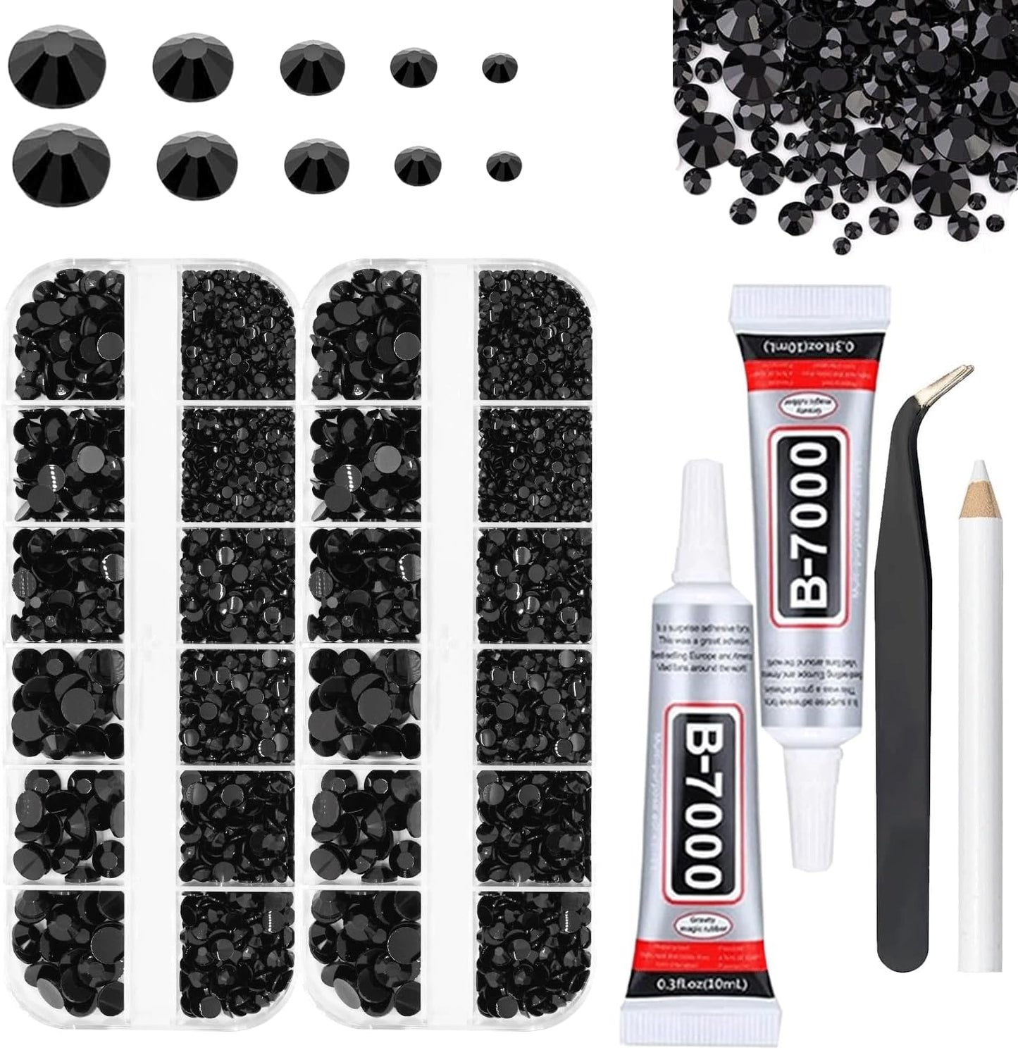 Black Rhinestones for Bedazzling with B7000 Glue, 2mm 3mm 4mm 5mm 6mm (SS8-SS30) Non-Hotfix Flatback Black Diamonds Kit, Nail Crystals Gems Beads for Bedazzling Crafts,DIY Art, Makeup Decoration-BrightBean Baby