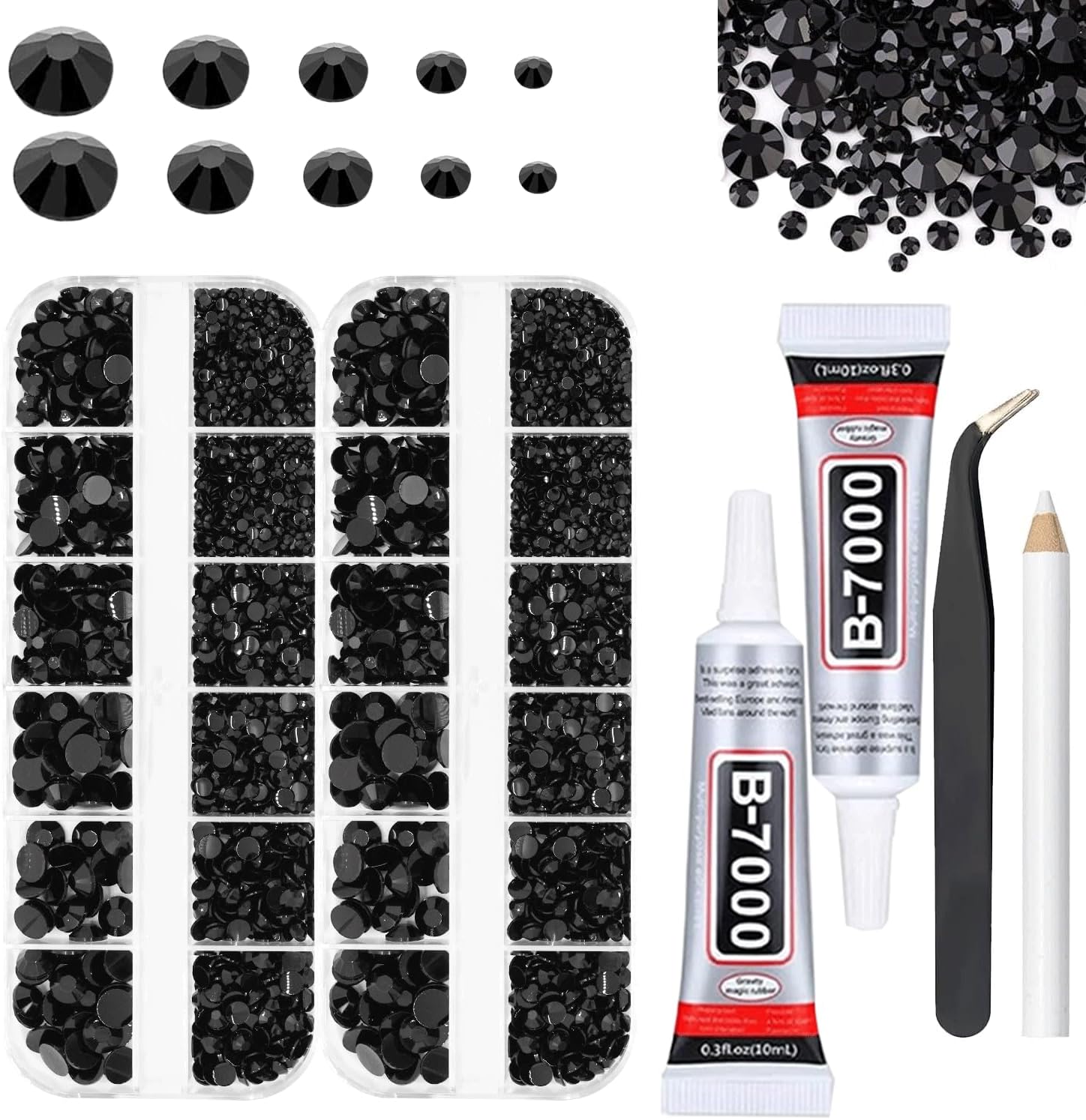 Black Rhinestones for Bedazzling with B7000 Glue, 2mm 3mm 4mm 5mm 6mm (SS8-SS30) Non-Hotfix Flatback Black Diamonds Kit, Nail Crystals Gems Beads for Bedazzling Crafts,DIY Art, Makeup Decoration-BrightBean Baby