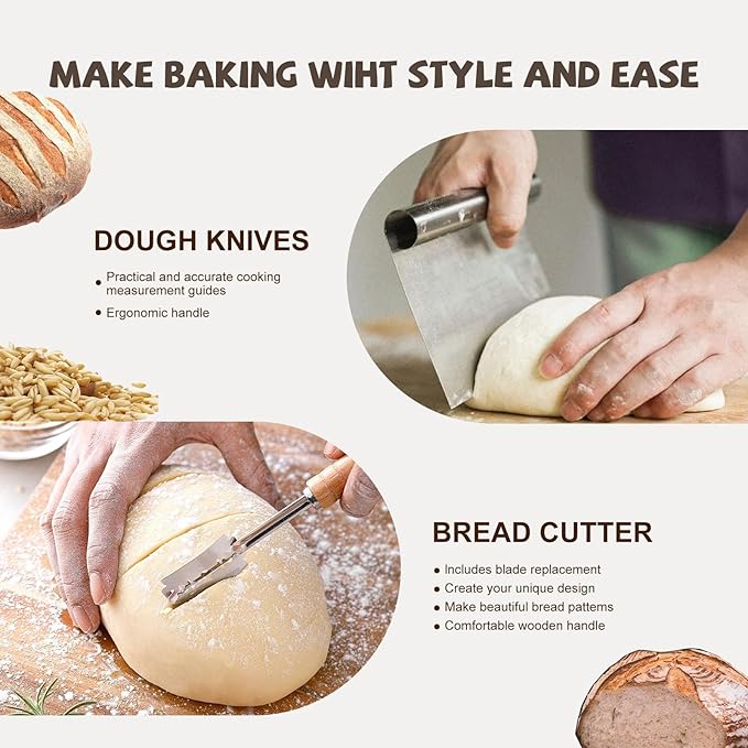 Sourdough Starter Kit, 26PCS Sourdough Bread Baking Supplies, Including a Sourdough Starter Jar (34OZ), Silicone Banneton Bread Proofing Basket Set of 2 (Silver cover, Large glass mouth)