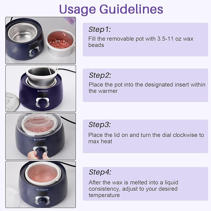 BLITZWAX Single Waxing Pot, Hard Wax Warmer for Face, Legs, Bikini, Brazilian and Body, for 16 oz, At Home Hair Removal Kit, for Men, Beginner Friendly, Quick Heating, Precise Temperature Control-BrightBean Baby