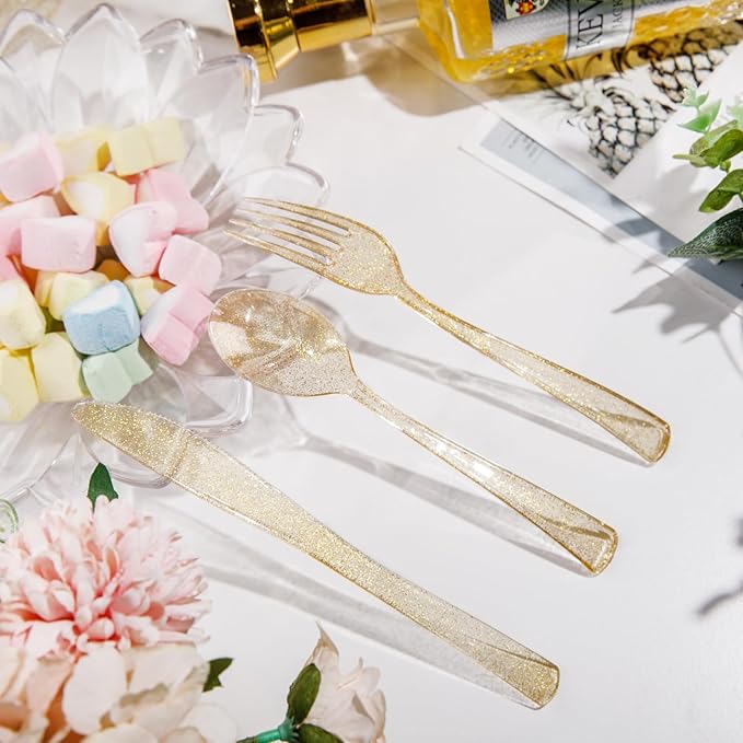 Supernal 300pcs Gold Glitter Plastic Cutlery Disposable Utensils Gold Plastic Silverware Sets Include 100 Forks, 100 Spoons & 100 Knives Serves for 100 Guests Suitable for Party,Thanksgiving