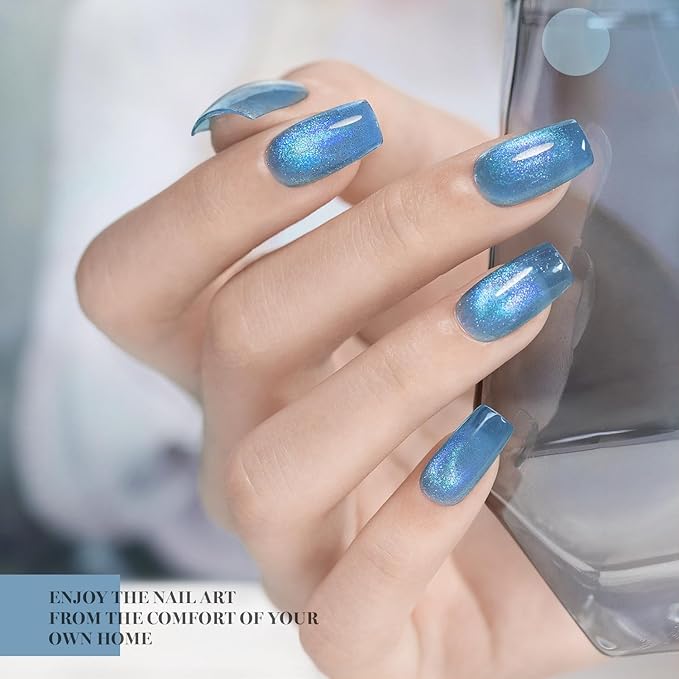 RARJSM Blue Cat Eye Gel Nail Polish Set 6pcs Reflective Diamond Glitter Clear Light Gray Sea Blue Green Tone Glass Cateye Gelpolish with Magnet Stick 7.5ml Curing Requires Soak Off for Home Salon-BrightBean Baby