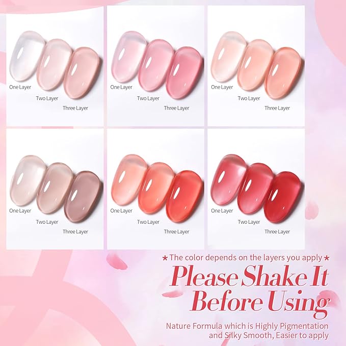 Born Pretty Jelly Nude Pink Gel Nail Polish Sheer Transparent Gel Polish 6Colors Soak Off U v Light Cure Gel Polish Kit for Salon and Nail Art DIY at Home-BrightBean Baby