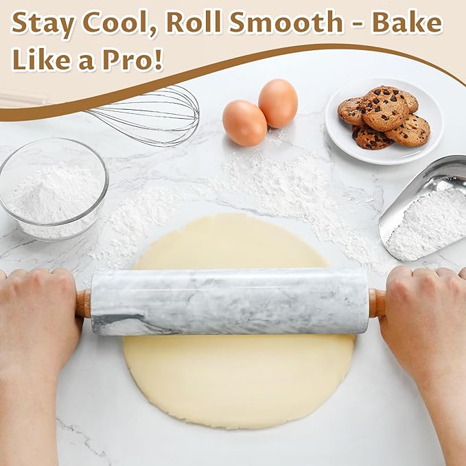 Marble Rolling Pin - 18.9" Marble Rolling Pins for Baking, Pastry, Pizza Dough & More - Polished Non-Stick Surface, Long Dough Roller with Wooden Handles & Base