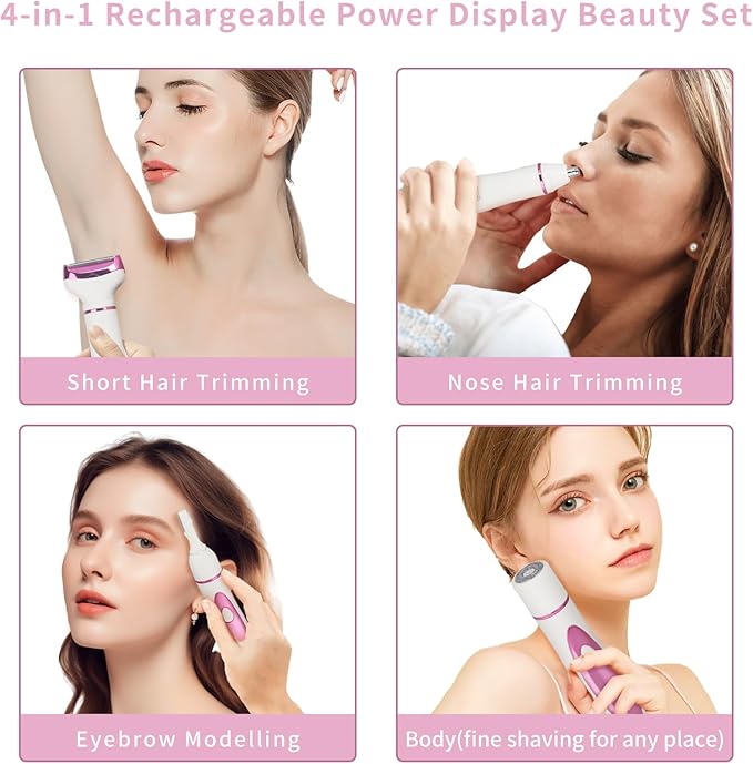 Electric Razor for Women Men,4 in 1 Painless Ladies Wet & Dry Body Razors and Facial Hair Remover,Rechargeable Led Display Hair Removal Kit for Nose Face Body Leg Bikini Arm Hair (Pink)-BrightBean Baby