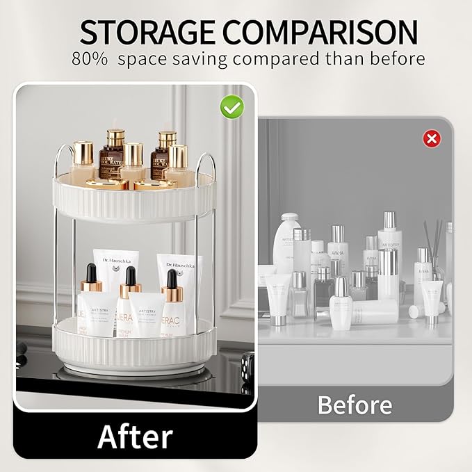 Rotating Makeup Organizer for Vanity, 2 Tier High-Capacity Skincare & Makeup Storage, Perfume Organizer, Cosmetic Dresser, Countertop 360 Spinning-BrightBean Baby