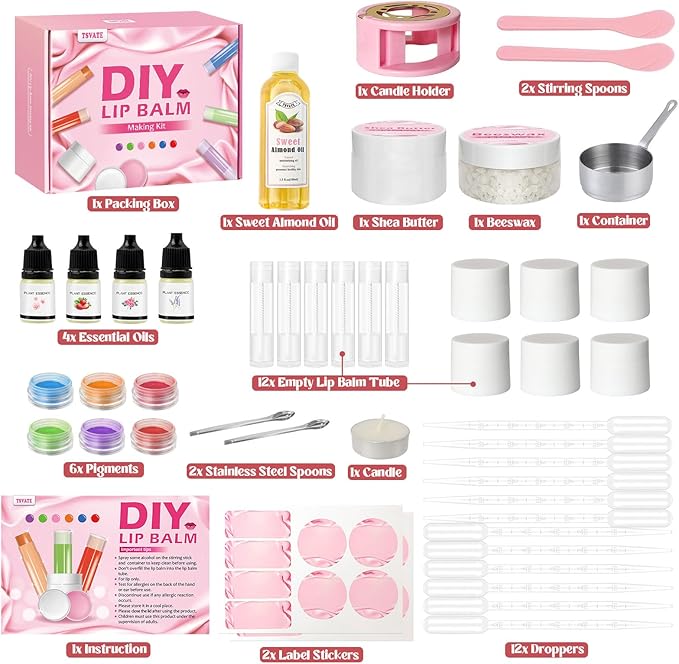 TSVATE DIY Lip Balm Kit, 47Pcs Lip Balm Making Kit for Kids, Make Your Own Lip Balm, DIY Lip Care Kit by Multi-flavor and Multicolored, DIY Makeup Set for Birthday Gift-BrightBean Baby
