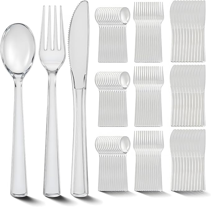 EI 360pcs Clear Plastic Silverware,Plastic Forks and Spoons,Plastic Silverware Heavy Duty,Clear Silverware Disposable include 120pcs Forks,120pcs Spoons and 120pcs Knives for Party,Picnic