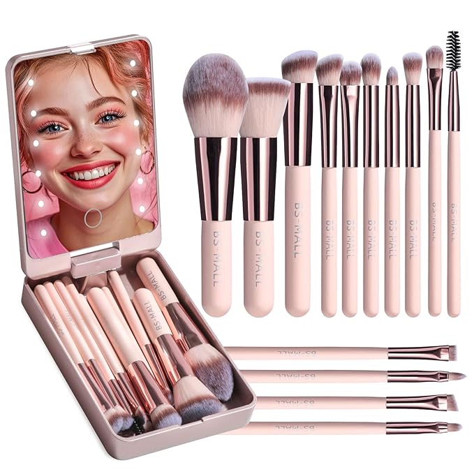 BS-MALL Makeup Brushes Foundation Powder Concealers Eye Shadows Makeup Set with LED light Mirror 14 Pcs Mini Makeup Brushes (APINK)-BrightBean Baby