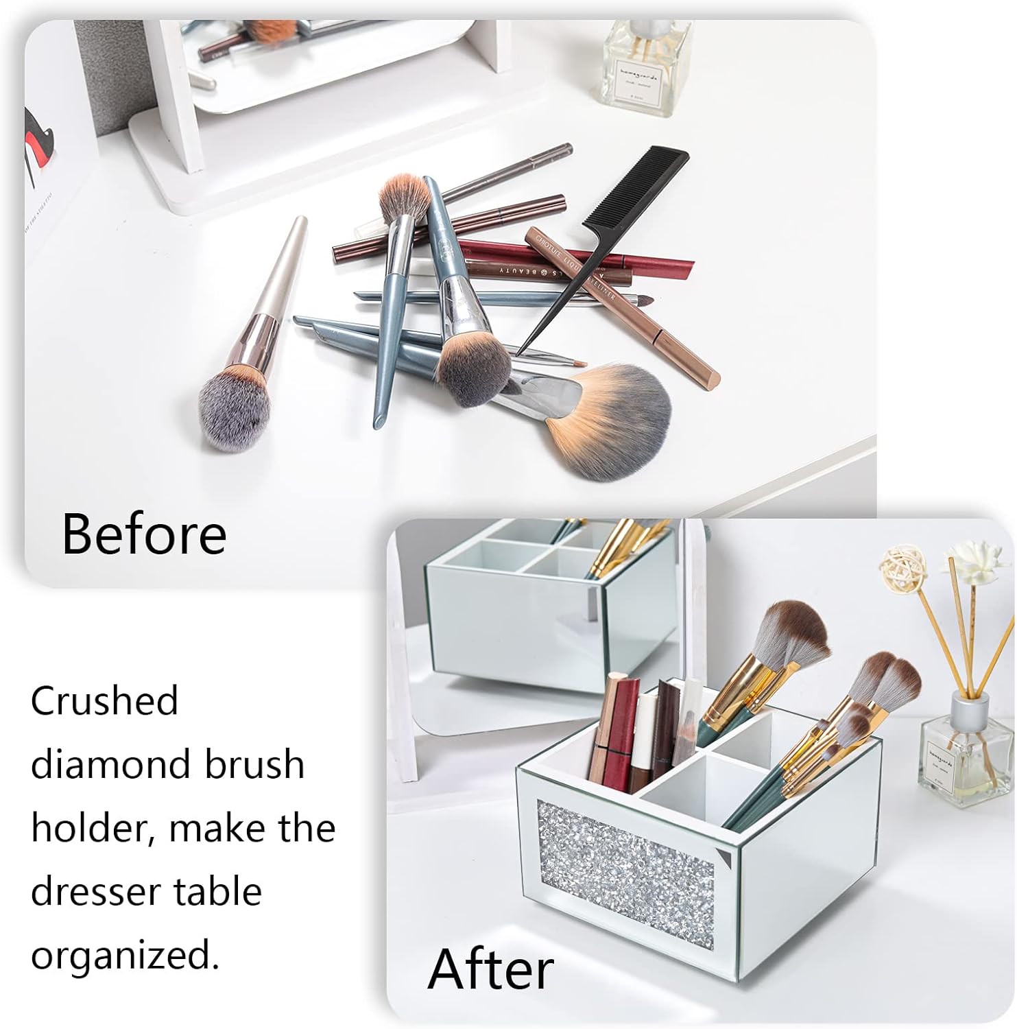 SWTHONY 360 Rotating Makeup Brush Holder Organizer, Silver Bling 4 Slot Crushed Diamond Glass Mirrored Cosmetic Brushes Storage, Eyeliners Eyebrow Pencil Display Case-BrightBean Baby