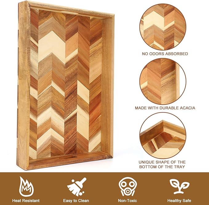 Acacia Wood Serving Tray with Handles，15.7x11.8 in Colorful Wooden Serving Tray Ottoman Tray Decorative Serving Trays Platter for Breakfast in Bed, Great for Lap &Couch