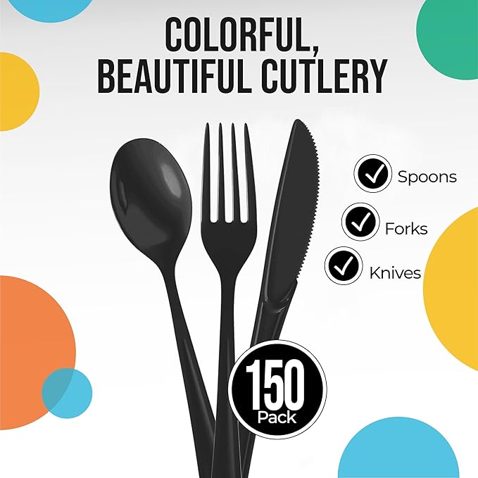 Party Solids Black Plastic Silverware Heavy Duty 150 Pieces Black Plastic Cutlery Sets, Utensil Sets, 50 Of Each Forks, Knives & Spoons Disposable Cutlery Set, Flatware Set For Party Supplies
