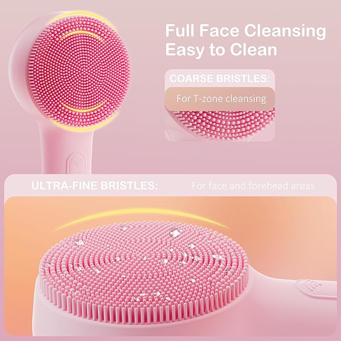 Facial Cleansing Brush Silicone Face Scrubber Waterproof Rechargeable Exfoliator Massage Device for Men & Women, Deep Pore Cleansing, Exfoliating, Removing Blackhead Electric Face Scrub Brush (Pink)-BrightBean Baby