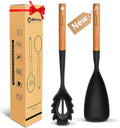 Silicone Cooking Spoon and Pasta Fork Set, 2 Pack Large Spatula Spoons Set with Wooden Handle, Nonstick Multifunction Spoon for Cooking, Serving, Mixing and Spaghetti (Black)