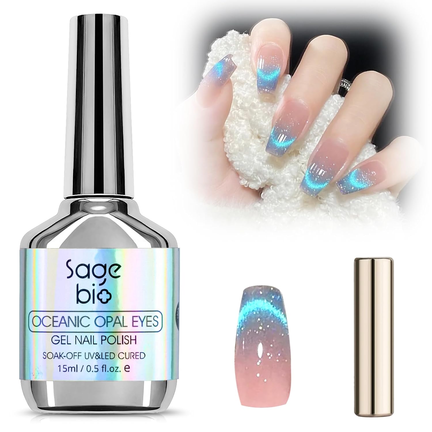 Cat Eye Gel Nail Polish with Magnet Stick, 15ml Glitter Holographic Nail Polish, Magnetic Effect Gel for Home DIY Manicure Gift, Blue Tears-BrightBean Baby
