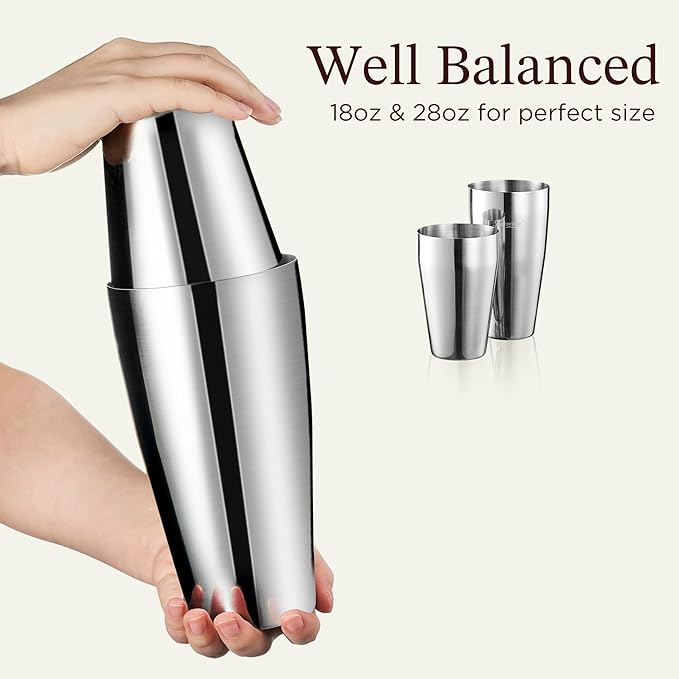 KITESSENSU Cocktail Shaker Set, 2-Piece Boston Shaker Set for Drink Mixing, Premium 18/8 Stainless Steel Martini Shaker for Bartending and Home Bar - 18oz & 28oz, Recipes Booklet Included, Silver