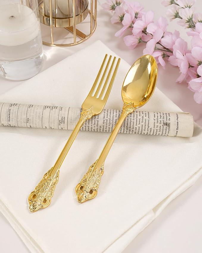 bUCLA 300PCS Gold Plastic Silverware Disposable - Heavy Duty Plastic Cutlery - Gold Disposable Utensils Set - Include 100 Knives, 100 Forks, 100 Spoons for Party & Thanksgiving