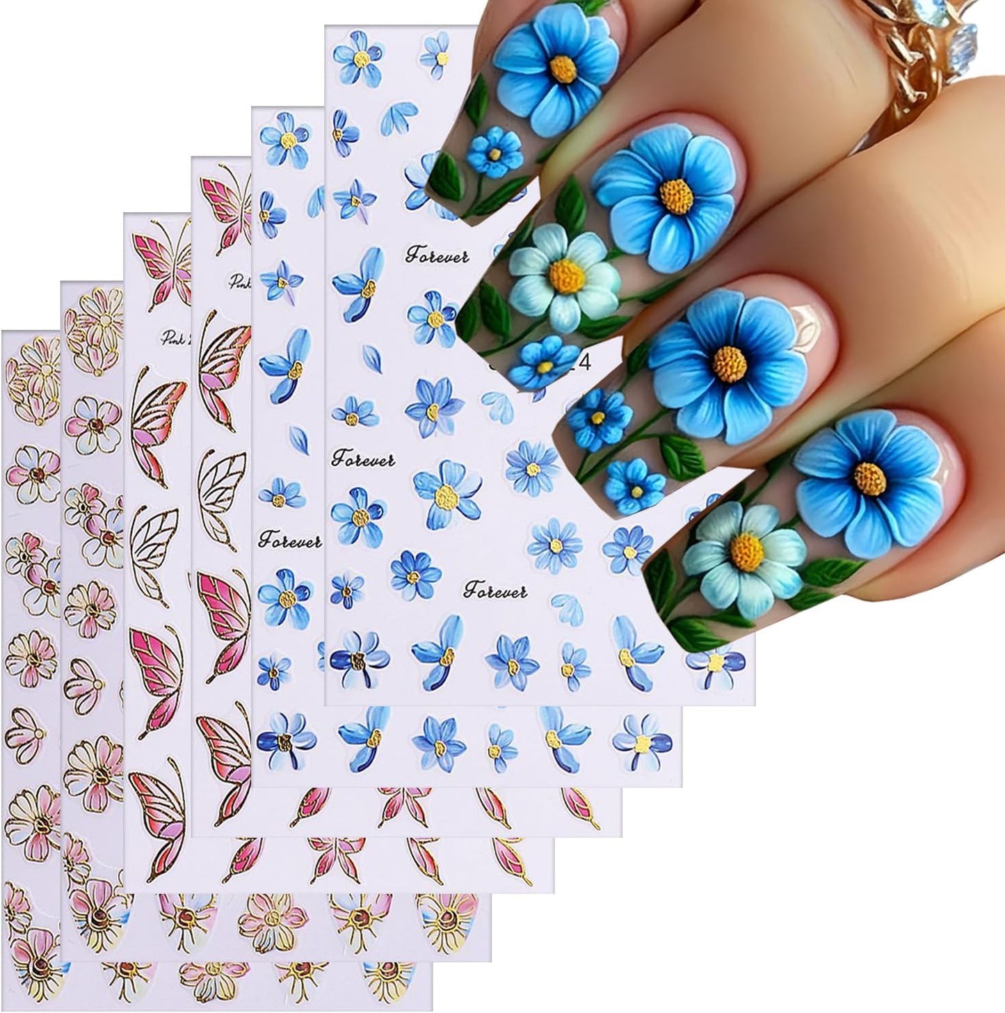 6Sheets Flower Nail Art Stickers 3D Self-Adhesive Nail Sticker Butterfly Nails Art Decals Holographic Floral Butterfly Nails Decal Decoration for Women Blue Blossom Manicure DIY Nail Supplies-BrightBean Baby