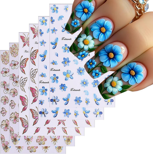 6Sheets Flower Nail Art Stickers 3D Self-Adhesive Nail Sticker Butterfly Nails Art Decals Holographic Floral Butterfly Nails Decal Decoration for Women Blue Blossom Manicure DIY Nail Supplies-BrightBean Baby