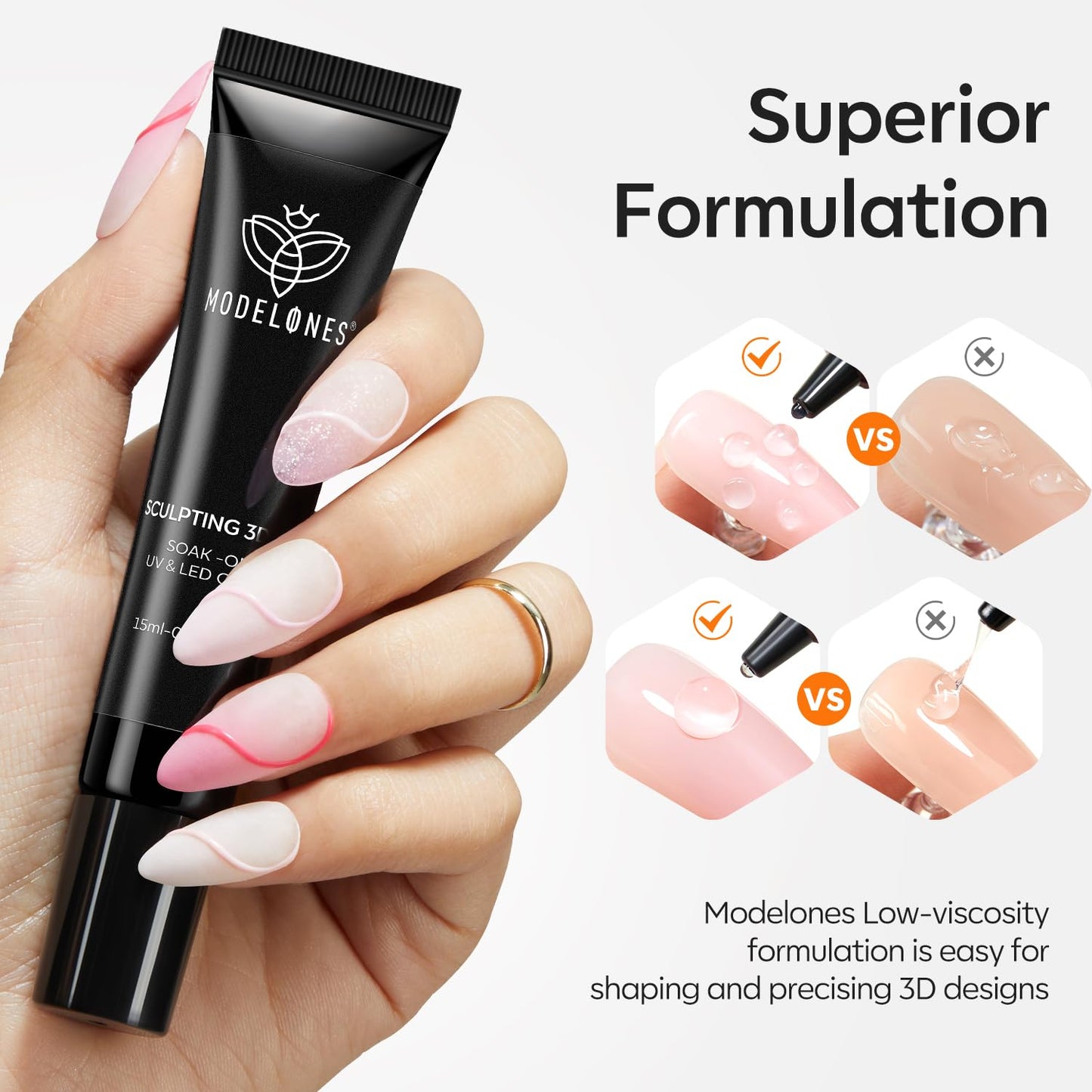 Modelones 3D Gel Nail Art, Sculpting Gel Glue for Molding, Drawing, Charms & Gems Glue, Nail Stuff for Chrome Powder and Rhinestone Design No Wipe, U V Light Cured Salon & DIY Use-BrightBean Baby