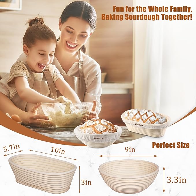 Panny Sourdough Starter Kit, Banneton Bread Proofing Basket with Glass Sour Dough Starter Jar, Sourdough Bread Baking Supplies, Making Tools, 9" Round & 10" Oval Baskets, Christmas Gift for Men Women