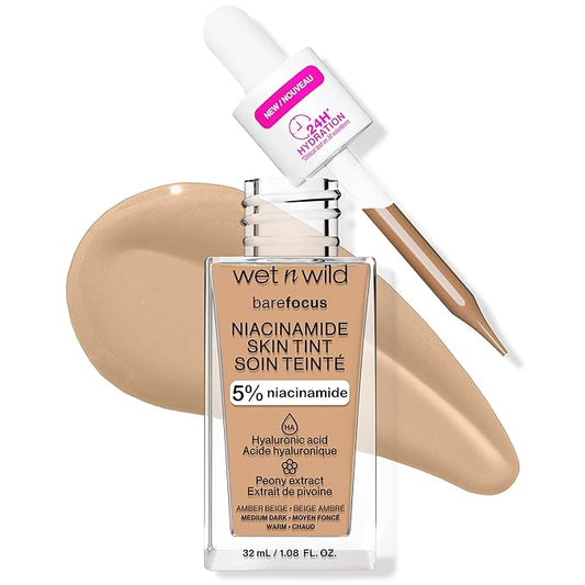 wet n wild Bare Focus Skin Tint, 5% Niacinamide Enriched, Buildable Sheer Lightweight Coverage, Natural Radiant Finish, Hyaluronic & Vitamin Hydration Boost, Cruelty-Free & Vegan - Amber Beige-BrightBean Baby