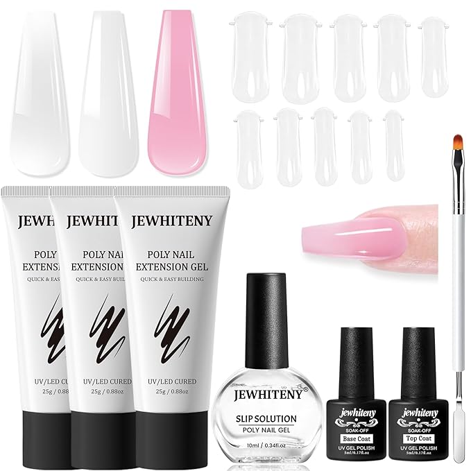 JEWHITENY Poly Extension Gel Nail Set Clear White Pink Poly Nail Gel With Base Coat Top Coat for Finger Art and Home DIY French Manicure Need U V Lamp Curing-BrightBean Baby