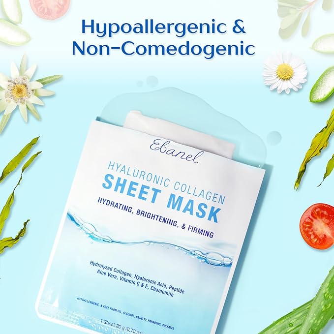 Ebanel 10 Pack Collagen Face Mask with Hyaluronic Acid, Vitamin C, Peptide, Aloe, Instant Brightening Hydrating Face Masks Skincare Korean Sheet Mask, Skin Firming, Lifting Anti Aging Facial Masks-BrightBean Baby