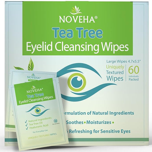 NOVEHA 60PCs Tea Tree Oil Eyelid & Lash Wipes | With Hyaluronic Acid, Green Tea & Chamomile For Blepharitis, Itchy & Stye Eyes, Individually Wrapped, Natural Eyelash Makeup Remover & Daily Cleanser-BrightBean Baby