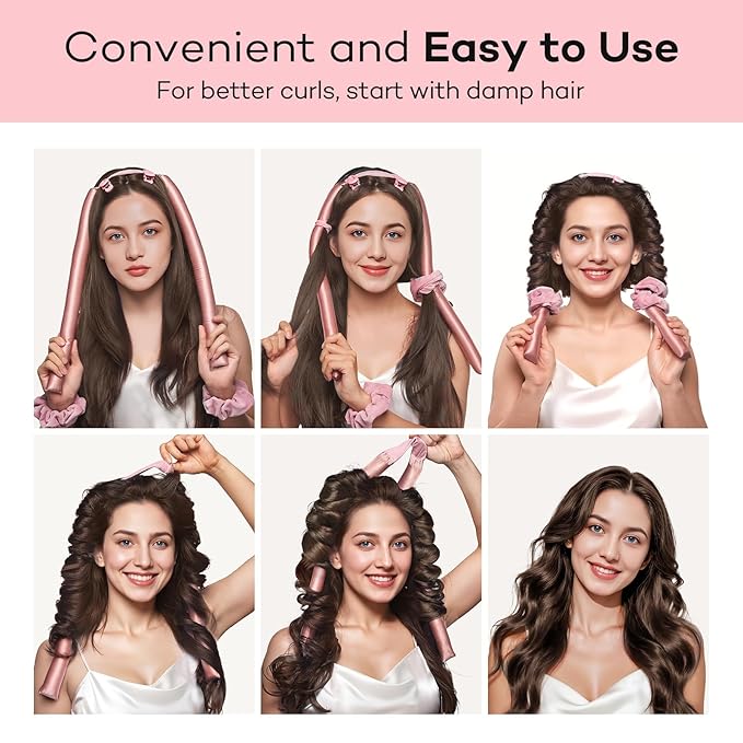 Umisleep 22 Momme 100% Mulberry Silk Heatless Hair Curler Set — Frizz-Free Hair Rollers for Women Long Hair, Overnight Heatless Curls, Upgraded Soft Flat Design with Clips & Scrunchies, Pink-BrightBean Baby