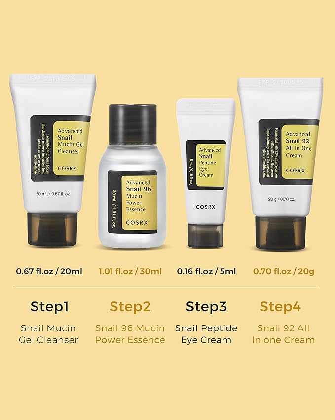 COSRX All About Snail Korean Skincare | TSA Approved Travel Size, Gift Set with Face Gel Cleanser, Essence, Cream & Eye-cream, Repairing, Recovering, Rejuvenating Kit with Snail Mucin, Korean Skincare-BrightBean Baby
