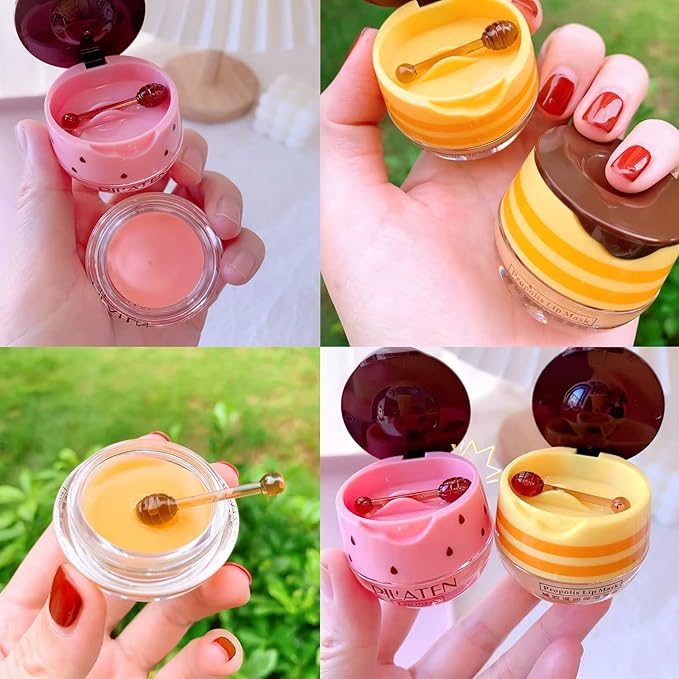 2Pcs Bee Lip Balm Honey Pot, Honey & Strawberry Lip Balm Moisturizing Lip Sleep Mask with Stick Hydrating & Prevention Dry and Cracked Lip Scrubs Exfoliator, Reduces Lip Lines-BrightBean Baby