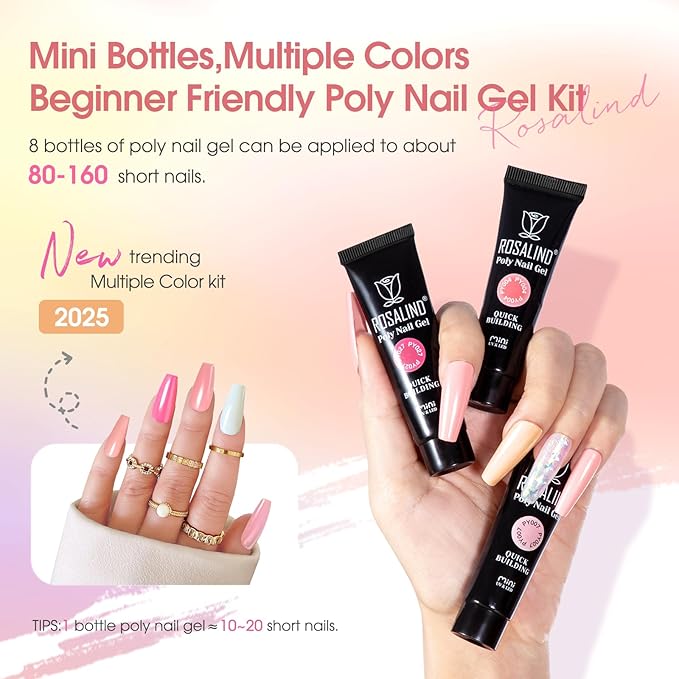 ROSALIND 8PCS Poly Nail Gel Kit with Mini Nail Lamp Clear Nude Purple Brown Poly Extension Gel Kit Mini Starter Kit-BrightBean Baby