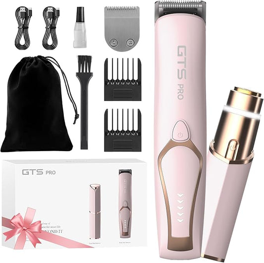 Bikini Trimmer for Women Electric Razor 2 Pack Dual Head Body & Facial Hair Remover -Waterproof USB Rechargeable with Replacement Ceramic Blades, Travel Pouch & Packaging Box(Pink)-BrightBean Baby