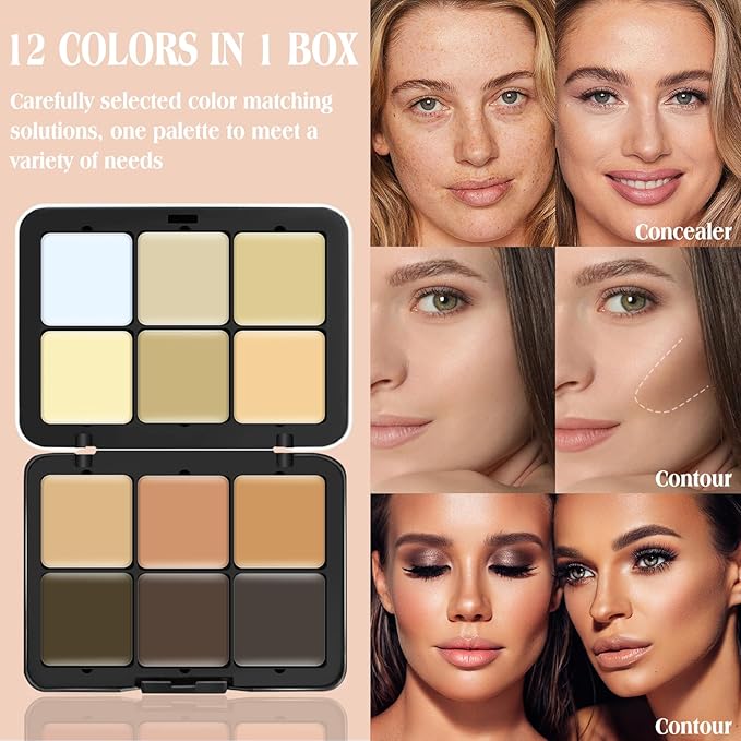12 Colors Cream [Contour+Concealer] Makeup Palette for Cheeks - Multi-functional Makeup Palette with Brush, Natural Matte Long Wearing, Waterproof Blendable Face Makeup Palette (#03)-BrightBean Baby