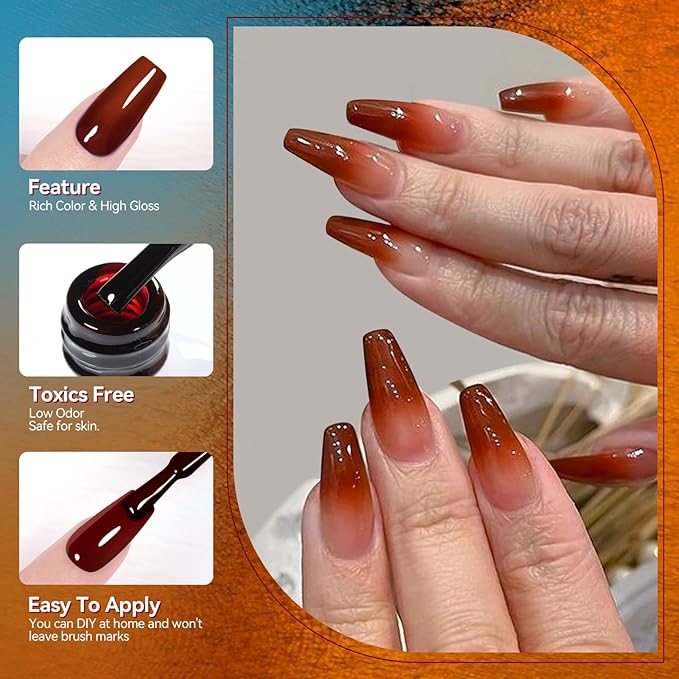 Born Pretty Jelly Gel Nail Polish, Sheer Transparent Crystal Gel Nail Polish, Christmas Brown Red Orange Green Blue Fall Winter Soak off Nail Polish Manicure DIY Home Salon Christmas Gift 7ml 6colors-BrightBean Baby