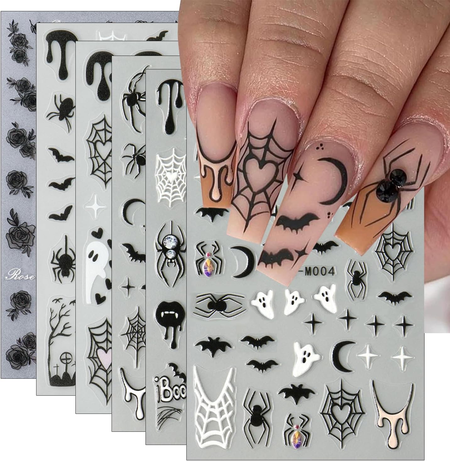 6Pcs Halloween Nail Stickers for Nail Art, Bat Spiders Nail Art Stickers Spider Web Black Rose Skull Ghost Nails Design Decals Halloween Nail Supplies for Women DIY Manicure Decoration Accessories-BrightBean Baby