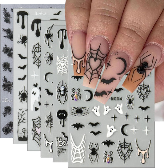 6Pcs Halloween Nail Stickers for Nail Art, Bat Spiders Nail Art Stickers Spider Web Black Rose Skull Ghost Nails Design Decals Halloween Nail Supplies for Women DIY Manicure Decoration Accessories-BrightBean Baby