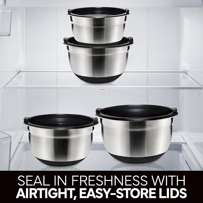 COOK WITH COLOR Stainless Steel Mixing Bowls Set with Lids - Nesting Bowls with Non-Slip Bottom, Black, 12 Pieces