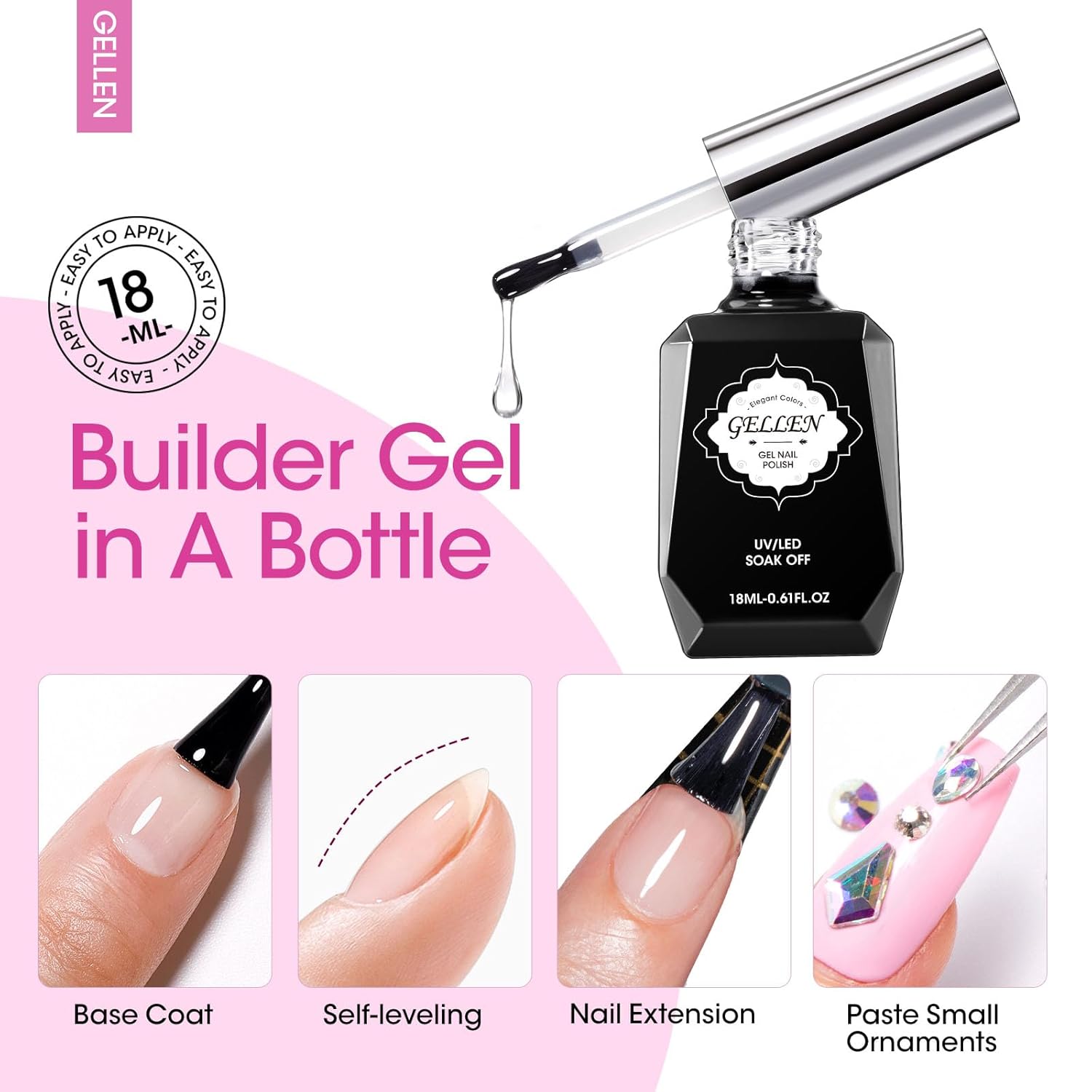 GELLEN Builder Nail Gel with Gel Top Coat Base Coat, 3 Pcs 18ml Top Coat Nail Polish Set, Soak Off Hard Builder in A Bottle for Nail Extension Strengthen Manicure Salon at Home-BrightBean Baby