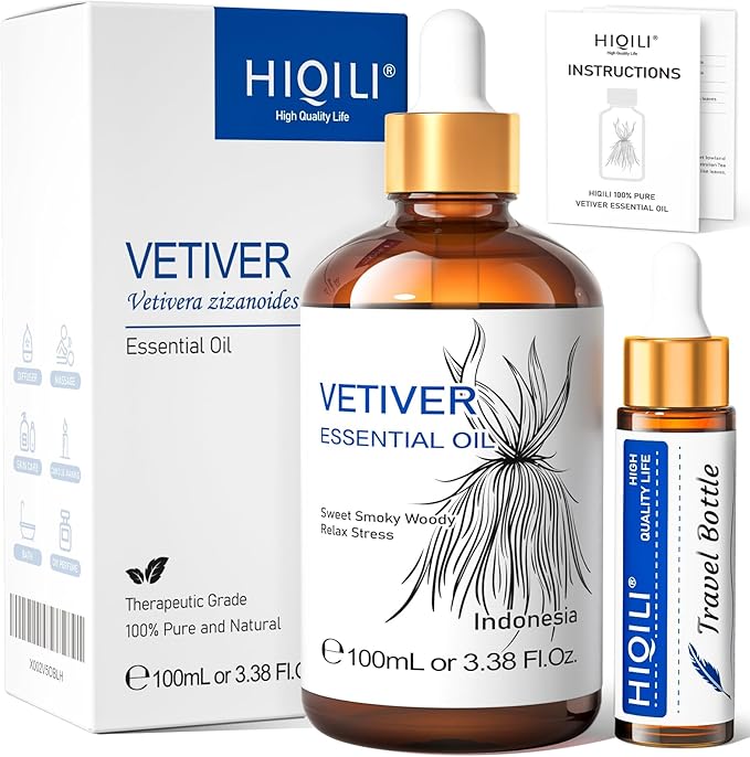 HIQILI 100ML Vetiver Essential Oil, 100% Pure Natural for Diffuser Calm and Relation- 3.38 Fl Oz-BrightBean Baby