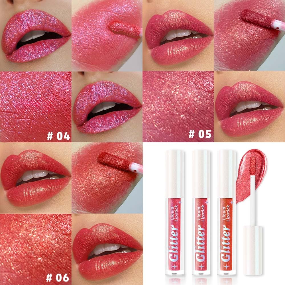 3Pcs Metallic Lipstick for Women,Lightweight Glitter Sparkling Liquid Lipsticks,Shimmer Lip Gloss Stain Long Lasting Waterproof Smudge Proof Non-Drying 24 Hour Full Coverage Lip Makeup,Vegan-BrightBean Baby