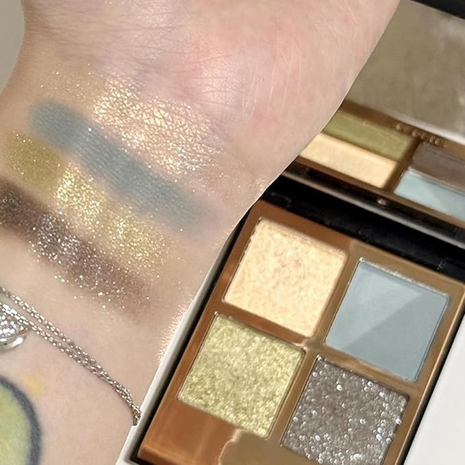 Erinde 4 Colors Eyeshadow Palette Eye Shadow Makeup, Matte Shimmer Metallic Gold Blue Green Dark Brown Nude Neutral Eyeshadow, Long Wearing, Pigmented Blendable, Quad Eye Shadow Palette, 05-BrightBean Baby
