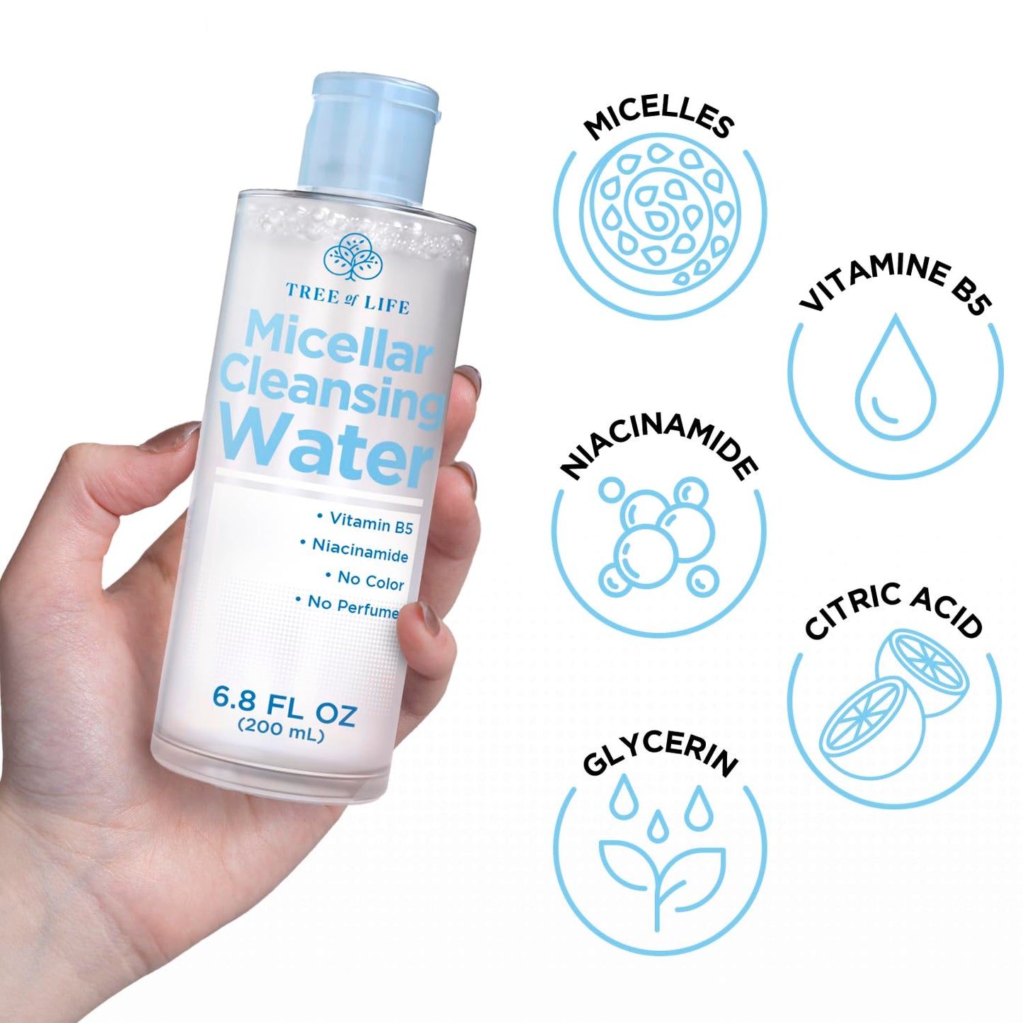 Tree of Life Beauty Micellar Cleansing Water (6.8fl oz) - Micellar Water Makeup Remover with Niacinamide, Vitamin B5, Glycerin - Eye Makeup Remover Liquid, No Rinse Needed-BrightBean Baby