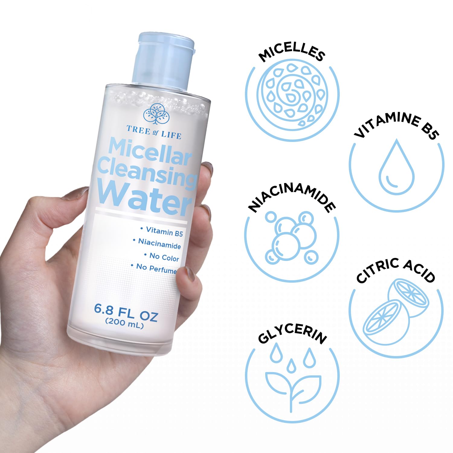 Tree of Life Beauty Micellar Cleansing Water (6.8fl oz) - Micellar Water Makeup Remover with Niacinamide, Vitamin B5, Glycerin - Eye Makeup Remover Liquid, No Rinse Needed-BrightBean Baby