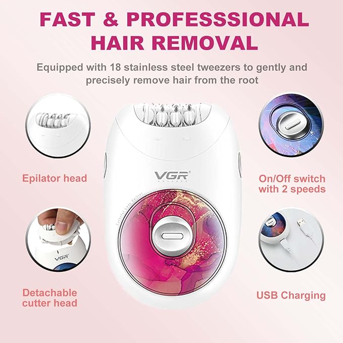 VGR 706 Professional Epilator for Women,Portable Cordless Smooth Glide Hair Removal Device for Legs, Underarm, Back,Full-Body Epilator with 18 Tweezers System, 2 Speeds Hair Removal with Silent Design-BrightBean Baby