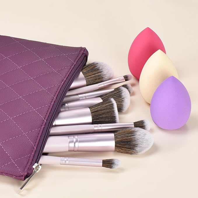 10 Piece Purple Makeup Brushes Set and 3 Piece Makeup Sponge - Wooden Handle with Soft Synthetic Bristles, for Face & Eye Makeup | Professional Cosmetic Brushes | Includes Travel Pouch-BrightBean Baby