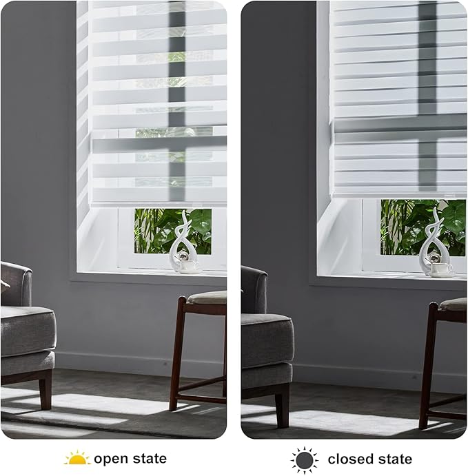 Persilux Cordless Zebra Blinds for Windows Shades (53" W x 72" H, White) Dual Layer Fabric Light Control for Day and Night Room Darkening Sheer Roller Shades for Home, Bedroom and Office