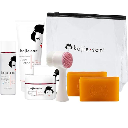 Kojie San Face & Body Shower Set - The Original Kojic Acid Soap that Reduces Visibility of Dark Spots, Hyperpigmentation, and Other types of Skin Damage – 135g x 2 Bars with Lotion, Cream and Toner-BrightBean Baby