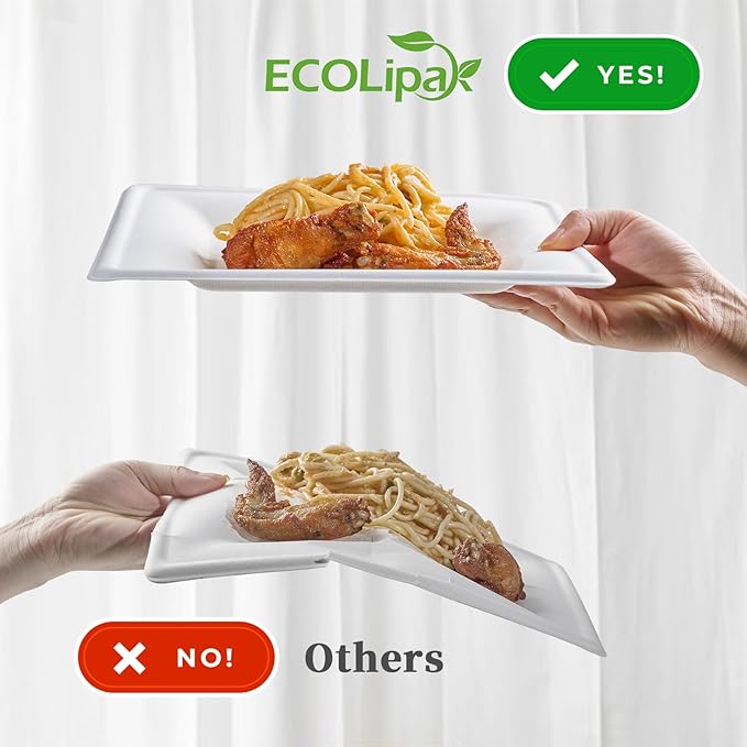 ECOLipak 10 Inch Square Paper Plates, 300 Pack Compostable Heavy Duty Biodegradable Paper Plates, Made from Sugarcane, Eco Friendly White Disposable Plates for Party, Dinner